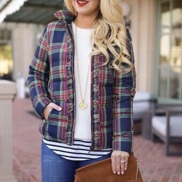 Talbots Ladys Tartan Plaid Ruffle Zip Front Puffer - Picture 3 of 3
